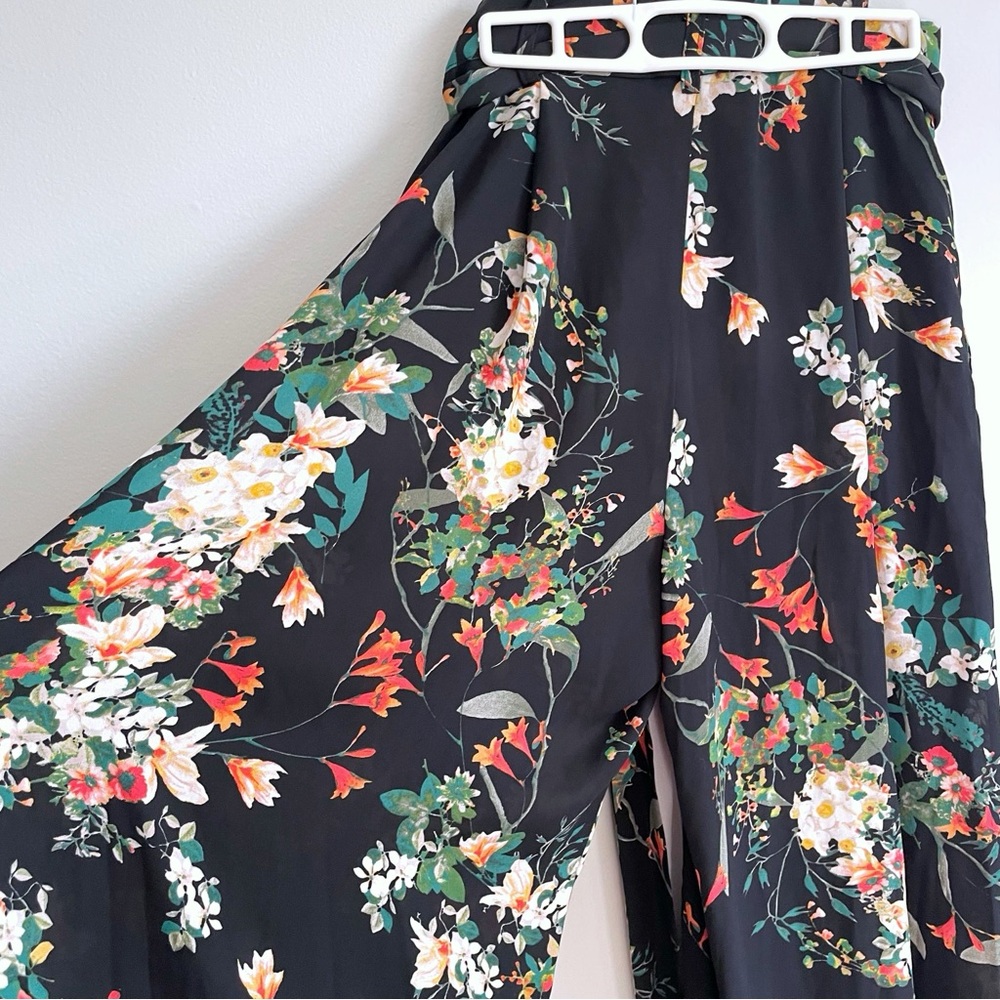 Floral on Black Background Flowy Wide Leg High Waist Pants for Beach Resort Wear
